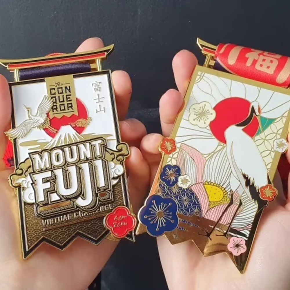 The Conqueror Virtual Challenge Mount Fuji Medal 46mi 74km Japanese Art Lanyard